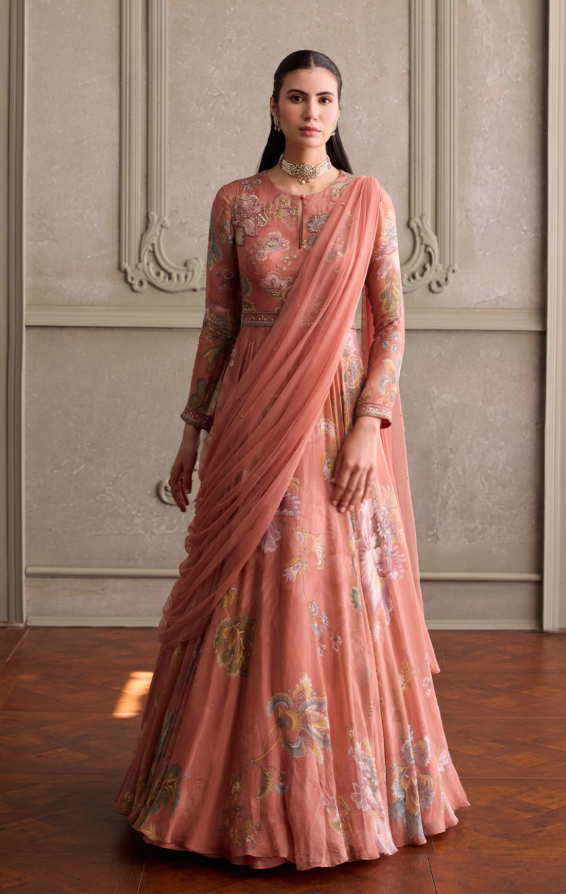 Best for: women who move around a lot during the evening — hosting, greeting guests, managing the puja thali. Body-type note: the flare from the waist down is genuinely one of the