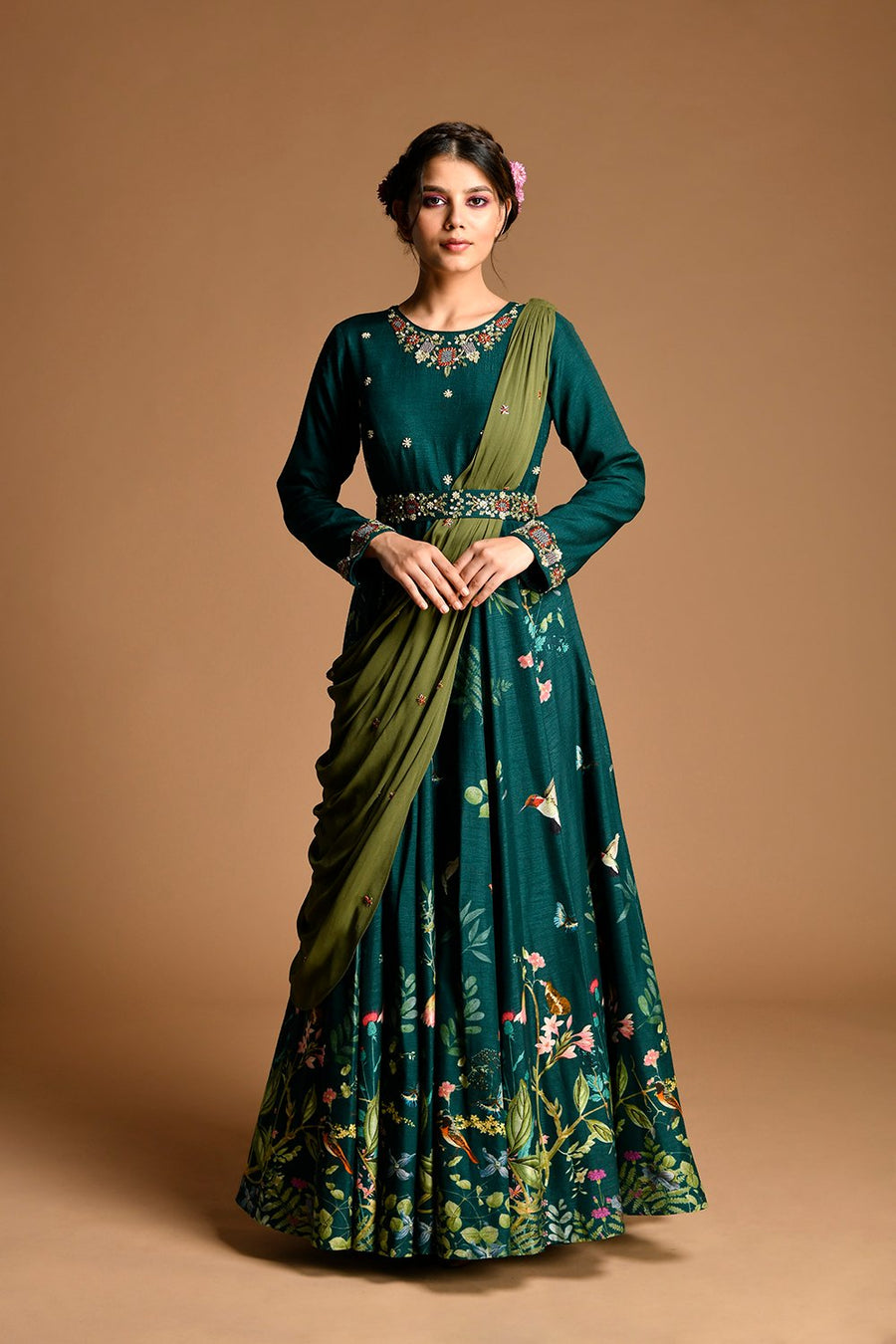 Embroidered Georgette Gown with attached Dupatta in Old Rose : TNM12