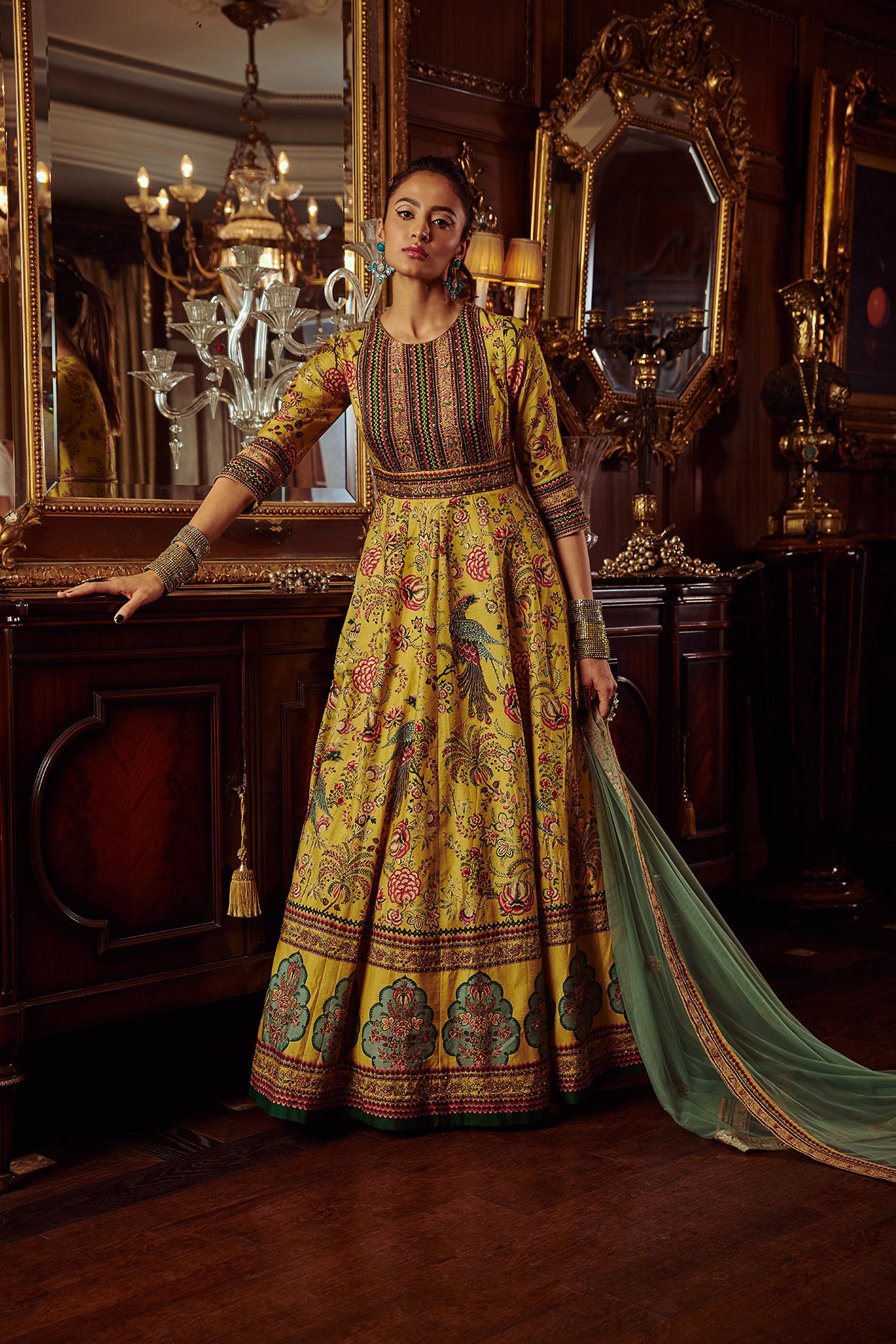 Yellow Anarkali Suit Peacock Print Anarkali For Women KalistaInd