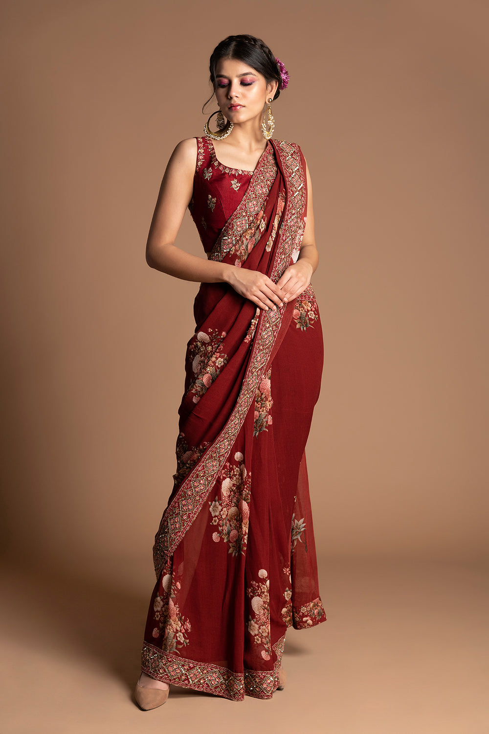 Dahlia Vintage Floral Design Draped Saree