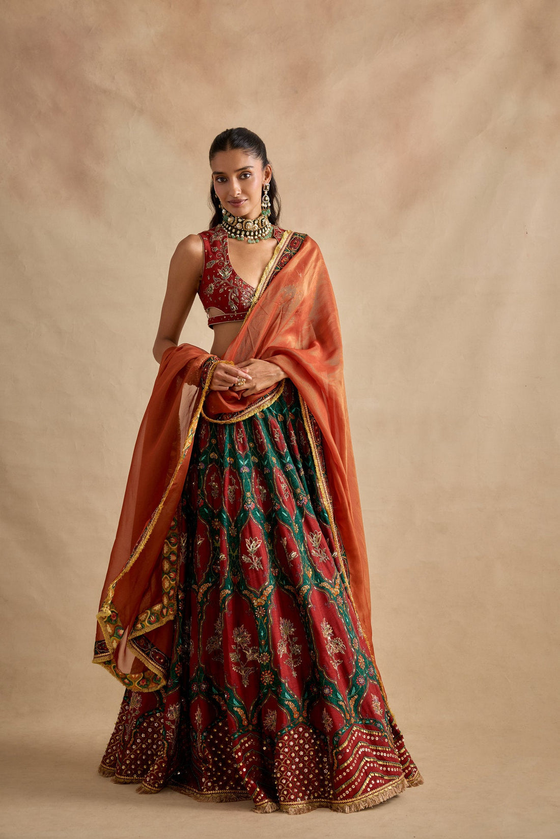 Kalista's contemporary lehengas are made for brides who want to feel like themselves — just the most magnificent version. Rich fabrics, hand-embroidered borders, and silhouettes that balance volume with grace. Whether you choose a classic red or a modern blush, a Kalista Lehenga is the kind of piece you will remember forever.