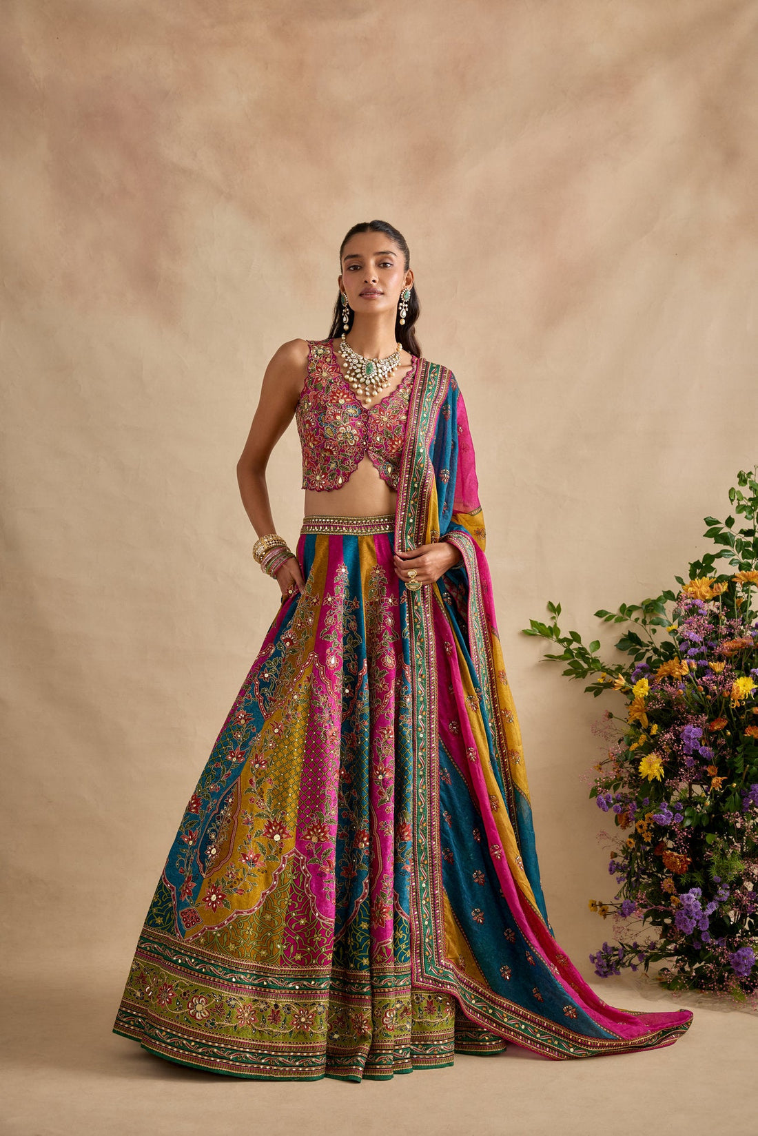 For the bride who refuses to choose, a multicolour lehenga for wedding is an absolute revelation. These lehengas — often featuring hand-painted elements, gradient dyeing techniques, or patchwork embroidery — celebrate the full spectrum of Indian craft traditions. They are statement pieces in the truest sense, and in the right hands, they are utterly magical.