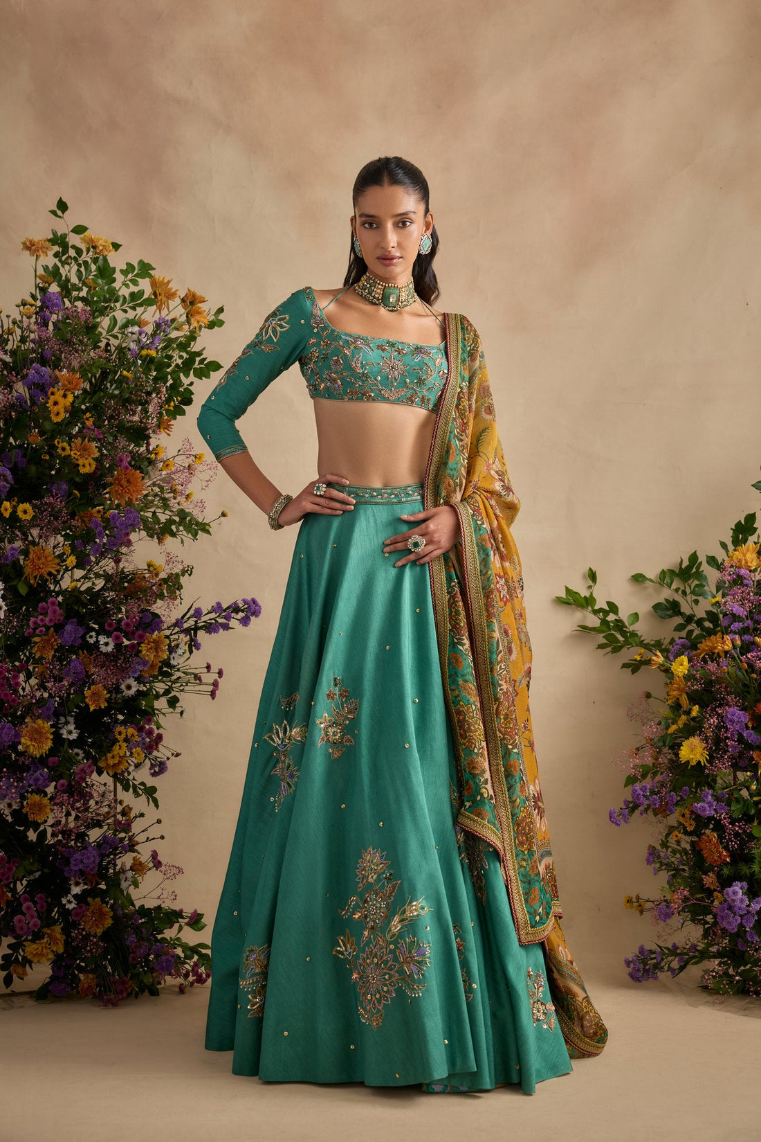 Bottle green, sage, emerald, and forest — a green lehenga for wedding is one of those choices that looks effortlessly rich and considered. Green holds embroidery beautifully, photographs with wonderful depth, and is particularly stunning for brides with deeper skin tones. It has become a firm favourite among brides who want something classic but not predictable.