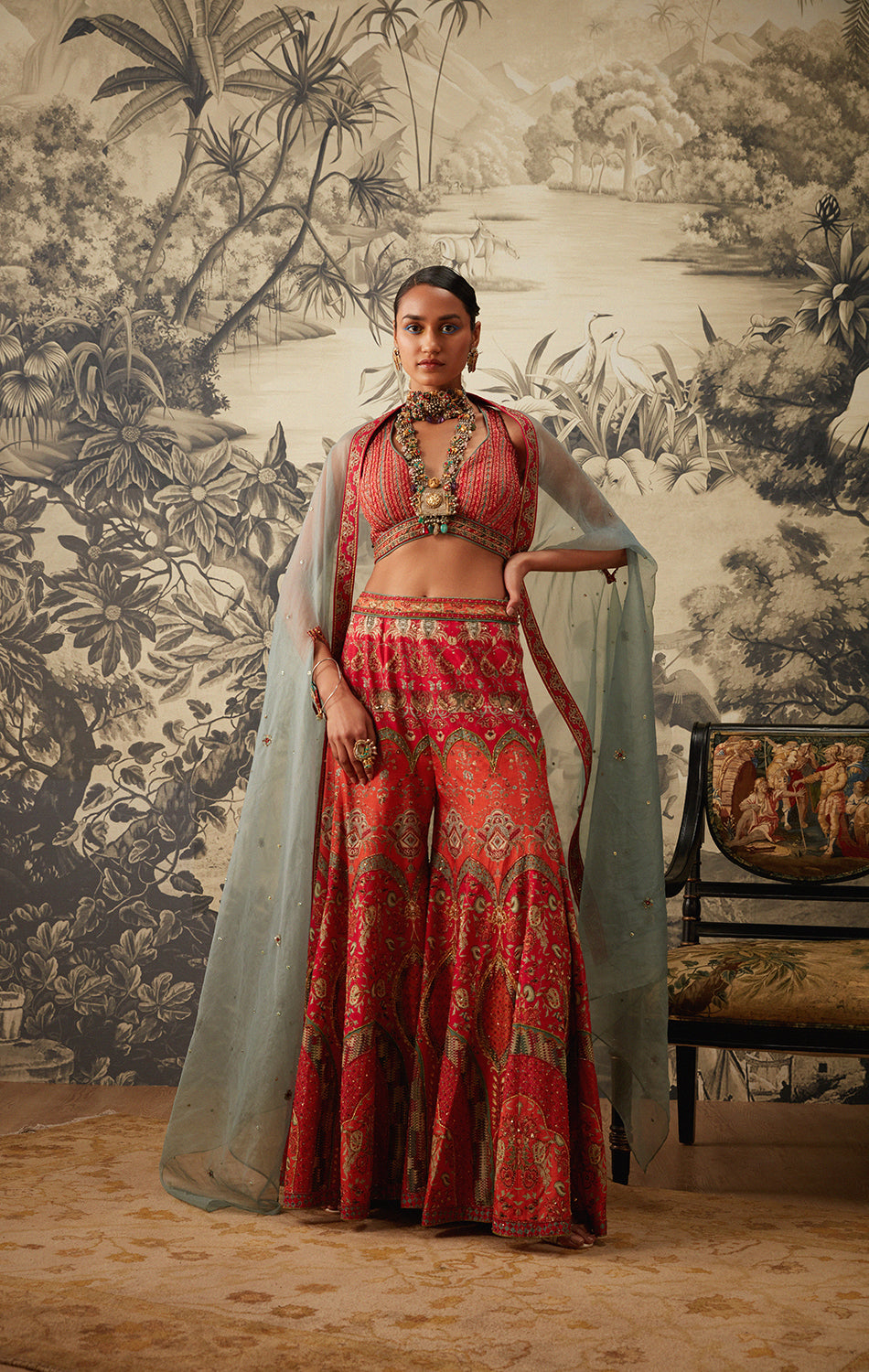 For the reception or cocktail evening, Kalista's Cape Sets offer something the modern bride actually wants — a contemporary silhouette with Indian soul. A draped cape over a fitted inner creates quiet drama and an effortless finish to the wedding journey.