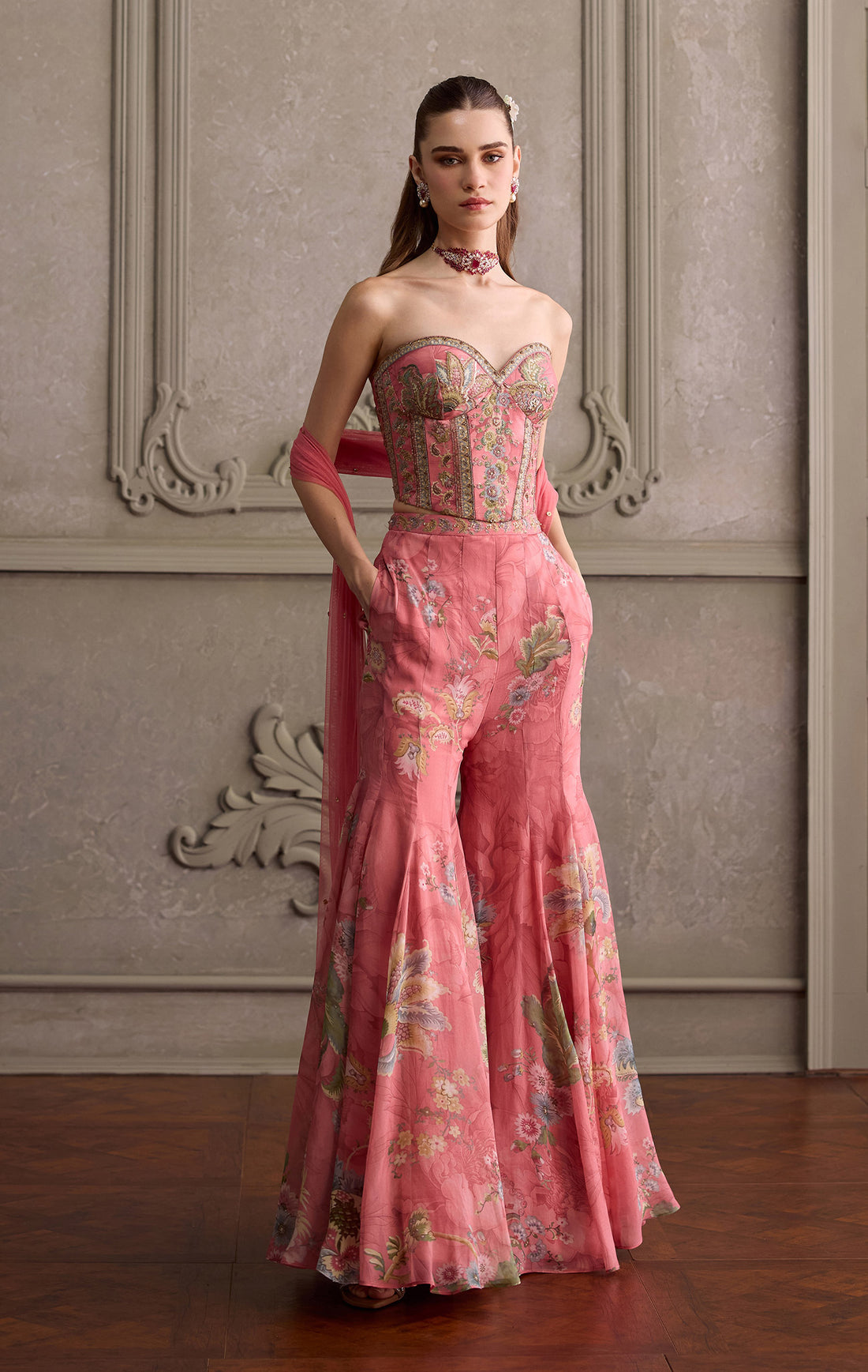 Best for: evening parties and after-dinner get-togethers rather than the morning puja. Fit note: corset blouses run structured, so it's worth checking the bust measurement guide ra