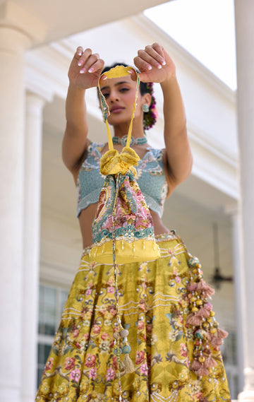 Blue and yellow lehenga set 